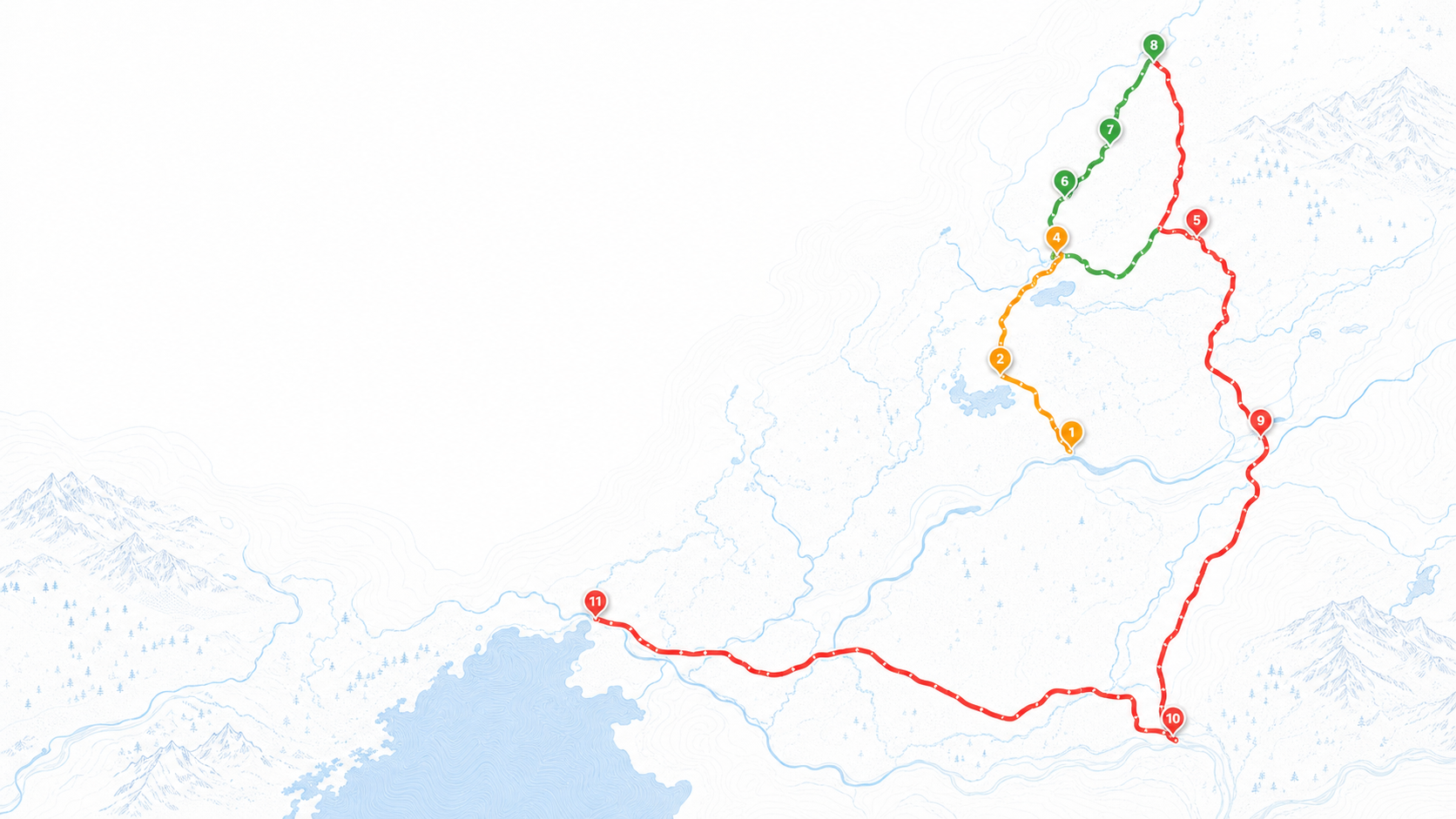 以橙、绿、红三段路线连接 11 个地点的呼伦贝尔自驾地图